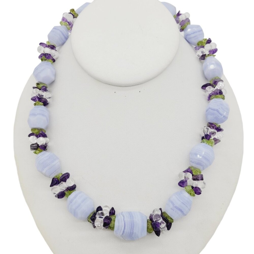 Chunky Blue Lace Agate Beaded Necklace Amethyst Peridot Accents 925 Toggle Clasp